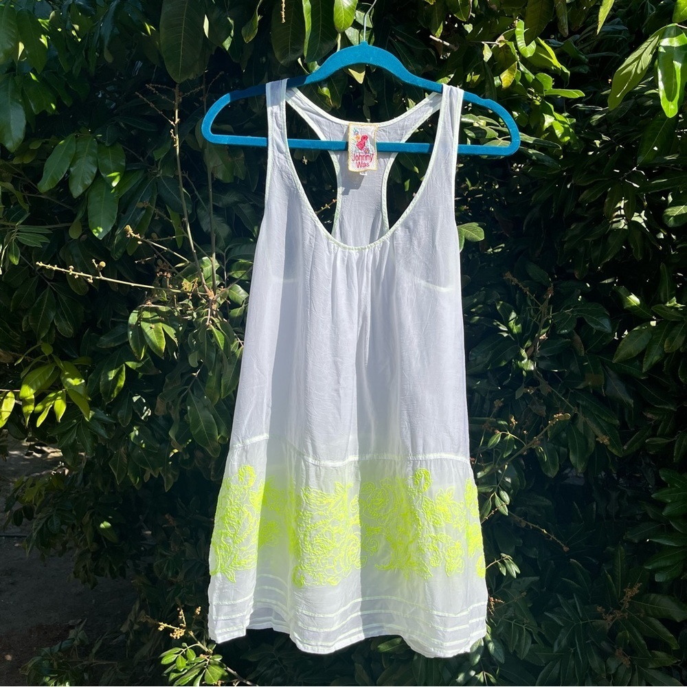 Johnny Was white cupro rayon semi sheer floral embroidered tunic tank top